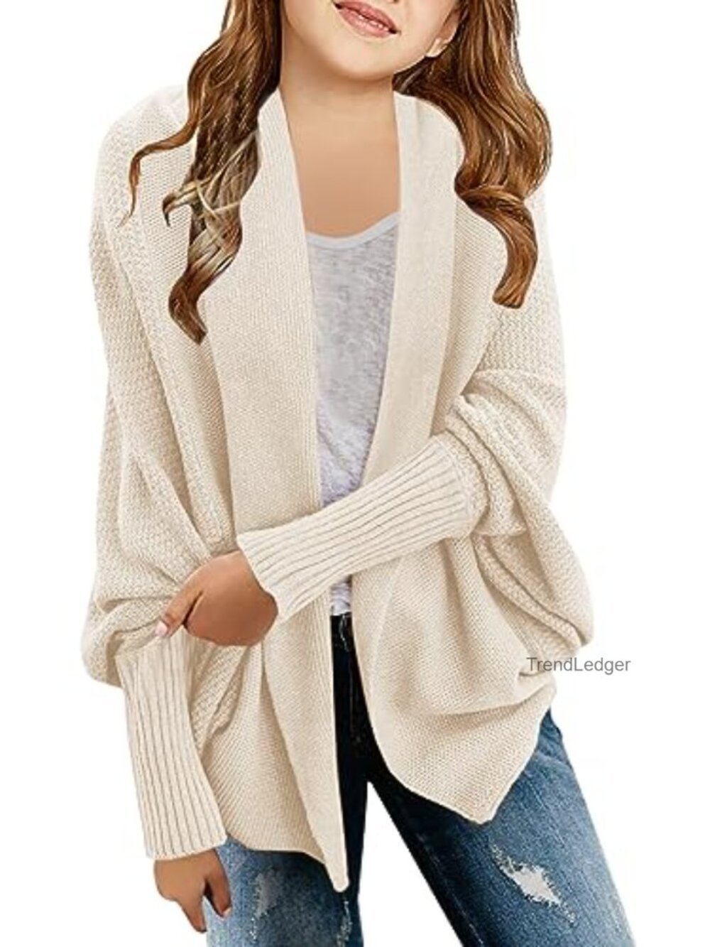 Girls Open Front Cardigan Batwing Long Sleeve Shawl Collar Ribbed Knit Sweater